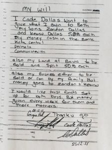 Alleged handwritten Will of Dallas Cade.